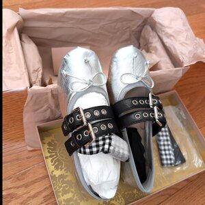NWB MIU MIU silver ballerinas with ribbon straps